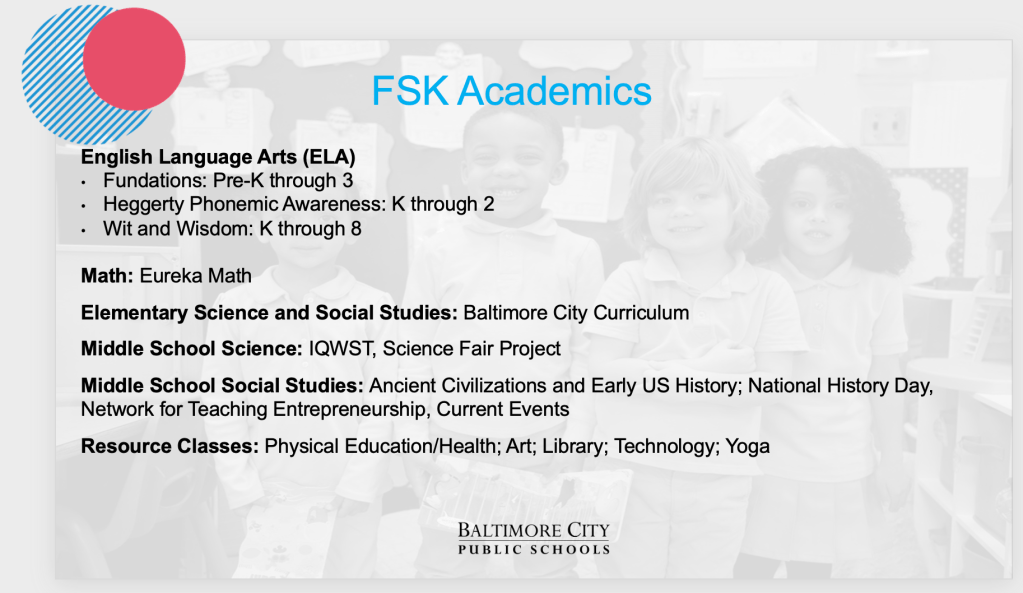 FSK Academics
English Language Arts (ELA)
Fundations, Pre-K through 3
Heggerty Phoenmic Awareness: K through 2
Wit and Wisdon, K through 8

Math: Eureka Math

Elementary Science and Social Studies: Baltimore City Curriculum

Middle School Science: IQWST, Science Fair Project

Middle School Social Studies: Ancient Civilizations and Early US History; National History Day, Network for Teaching Entrepreneurship, Current Events

Resource Classes: Physical Education/Health. Art; Library; Technology; Yoga